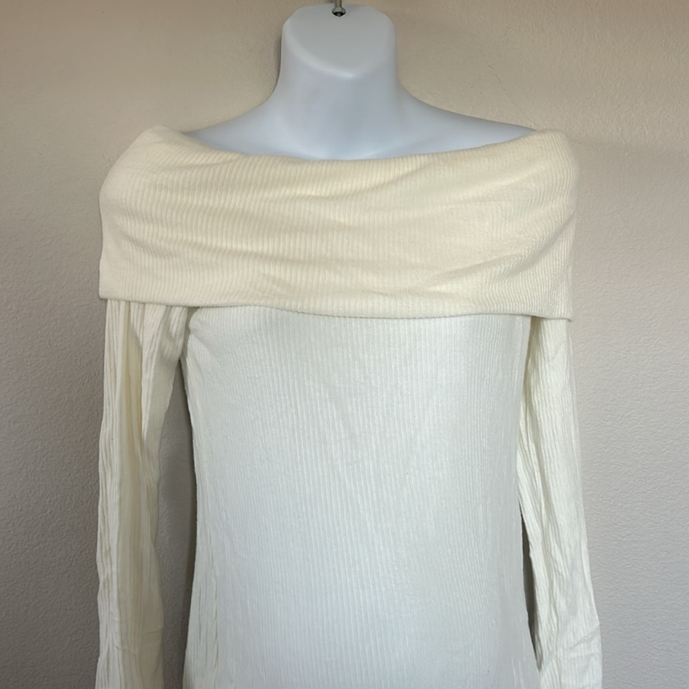 Pinkblush Off White Cream Ribbed Off-Shoulder Long Sleeve Maternity Mini Dress - Picture 5 of 10